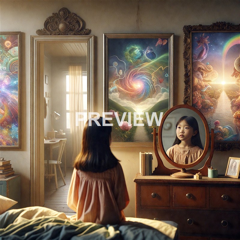 A young girl is sitting on a bed in a room decorated with vibrant, surreal fantasy paintings on the walls, with her reflection visible in an oval mirror on a wooden dresser.